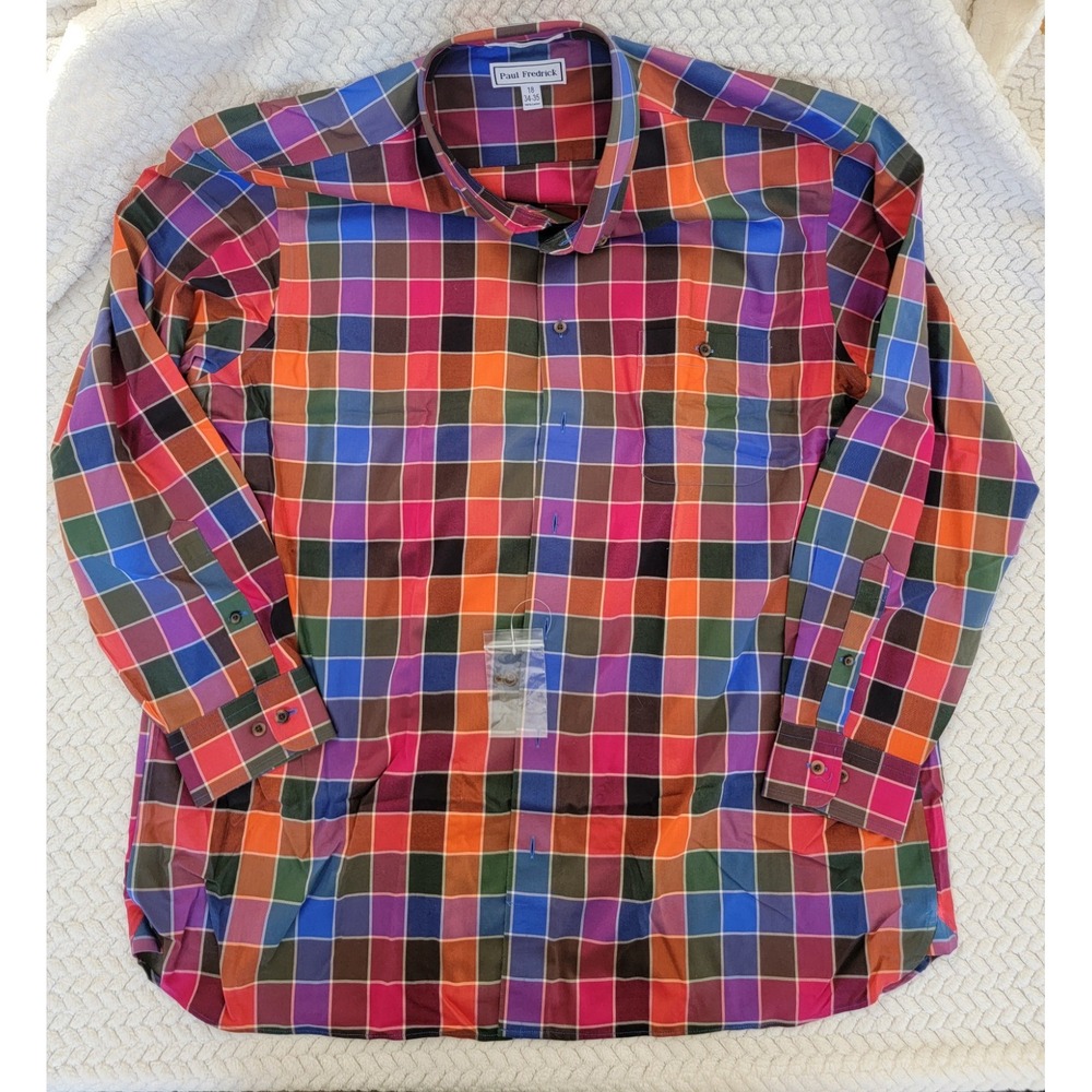 Paul Fredrick Men's 18 34-35 Cotton Checkered Multicolor Dress Casual Shirt *New